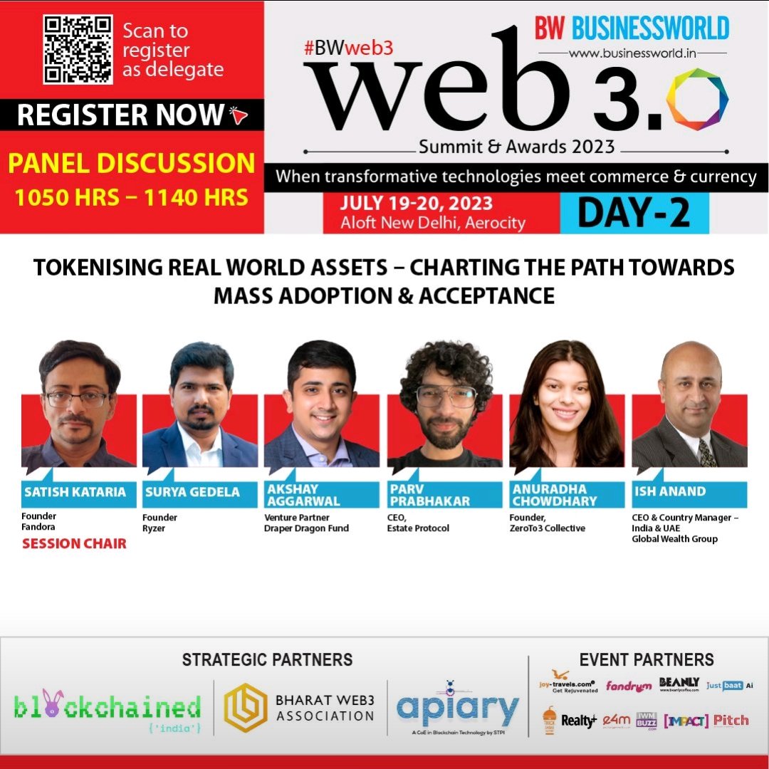 satishkataria's tweet photo. #tokenisation of real assets could be a USD 10 Trillion+ opportunity by the next 5 years. Today, I join some of the best minds in industry, to discuss it's status &amp; future in India! #bwweb3 #Web3 #letsweb3it 

@BWBusinessworld @anuragbatrayo @Gsurya_gedela https://t.co/uXMi1GzDpN
