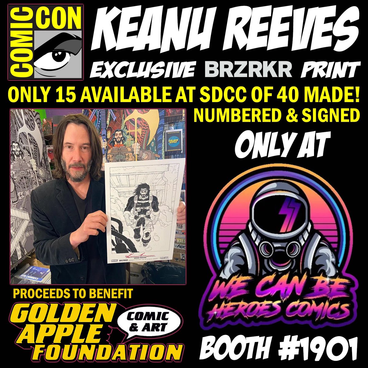 GAppleCAF's tweet photo. The madness of @Comic_Con has begun!!
BOOTH 1901 WC⚡️BH has the goods 🔥Autographed exclusive prints by #keanureeves and @kevineastman86 to benefit our Foundation 🙏They are going fast!! https://t.co/aOkTsUXXir