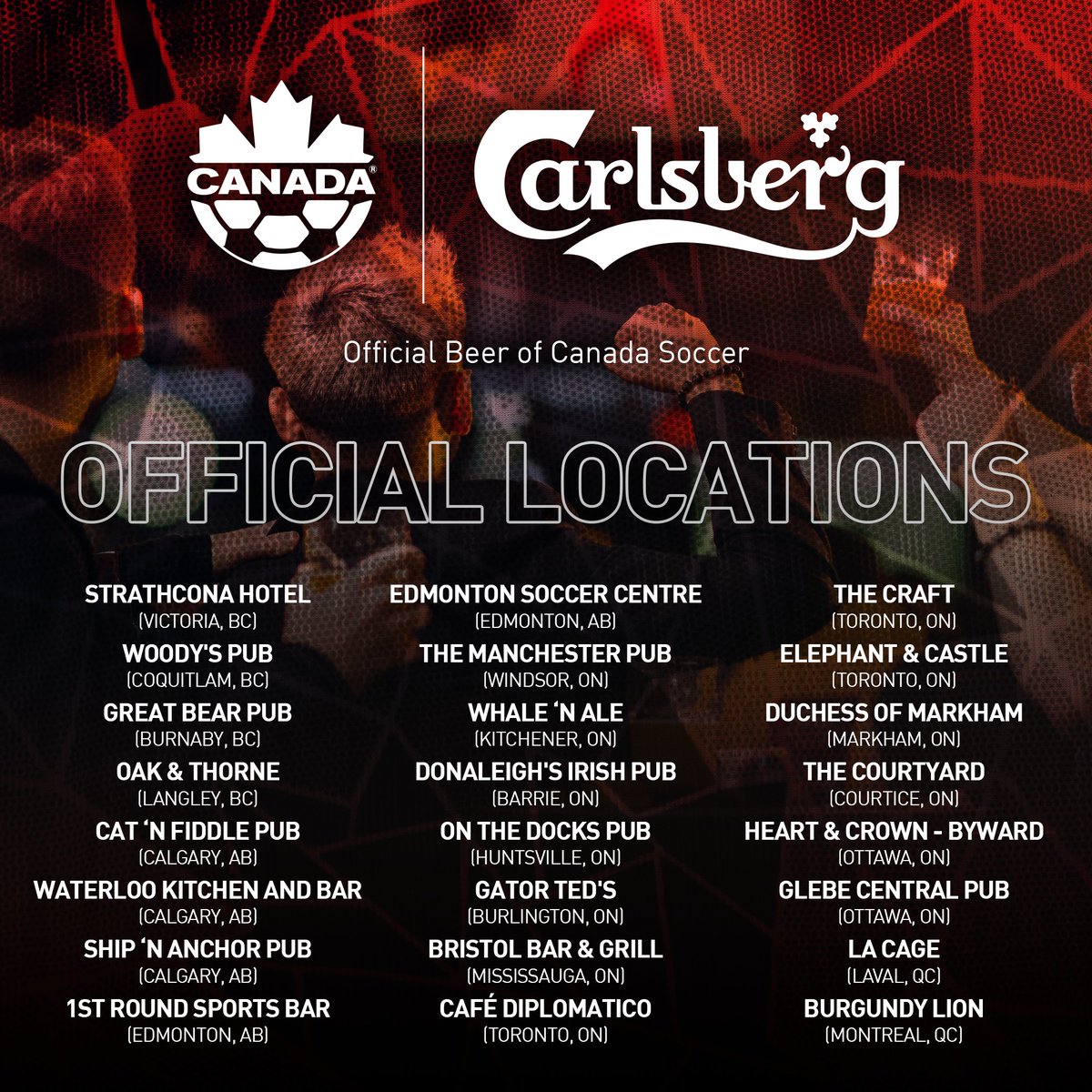 CanadaSoccerEN's tweet photo. Check out @carlsbergcanada's official Canadian supporter locations for @CANWNT's #FIFAWWC campaign, starting tomorrow! 🍁

#WeCAN https://t.co/LDg3wQtEvP