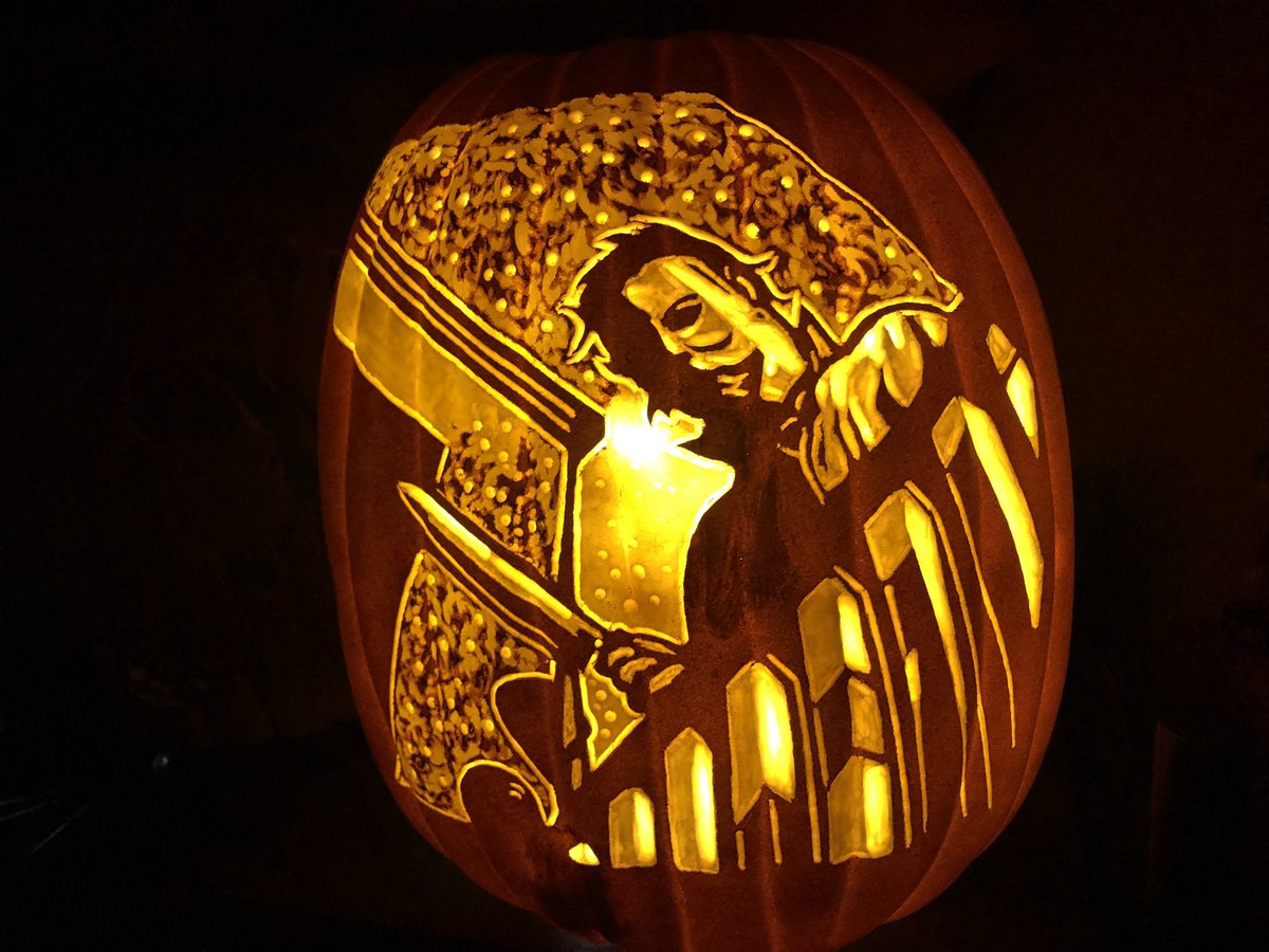 The Boogeyman is ready for <a href="/monstermaniacon/">MONSTER-MANIA CON</a> in 2 weeks.. #halloween #michaelmyers #theshape #johncarpenter #jamieleecurtis #nickcastle #tommyleewallace #pjsoles #dremel #art #handcarved #pumpkincarving #pumpkinart #horror #horrormovie #foampumpkin #ianspumpkincarvings