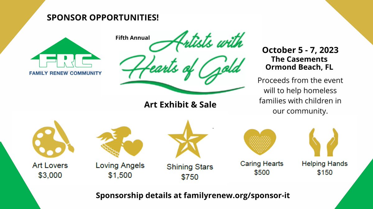 We are busy planning the Fifth Annual Artists with Hearts of Gold Art Exhibit and Sale! Sponsorships are available. Find out details at familyrenew.org/sponsor it. #daytonabeach #VolusiaCounty