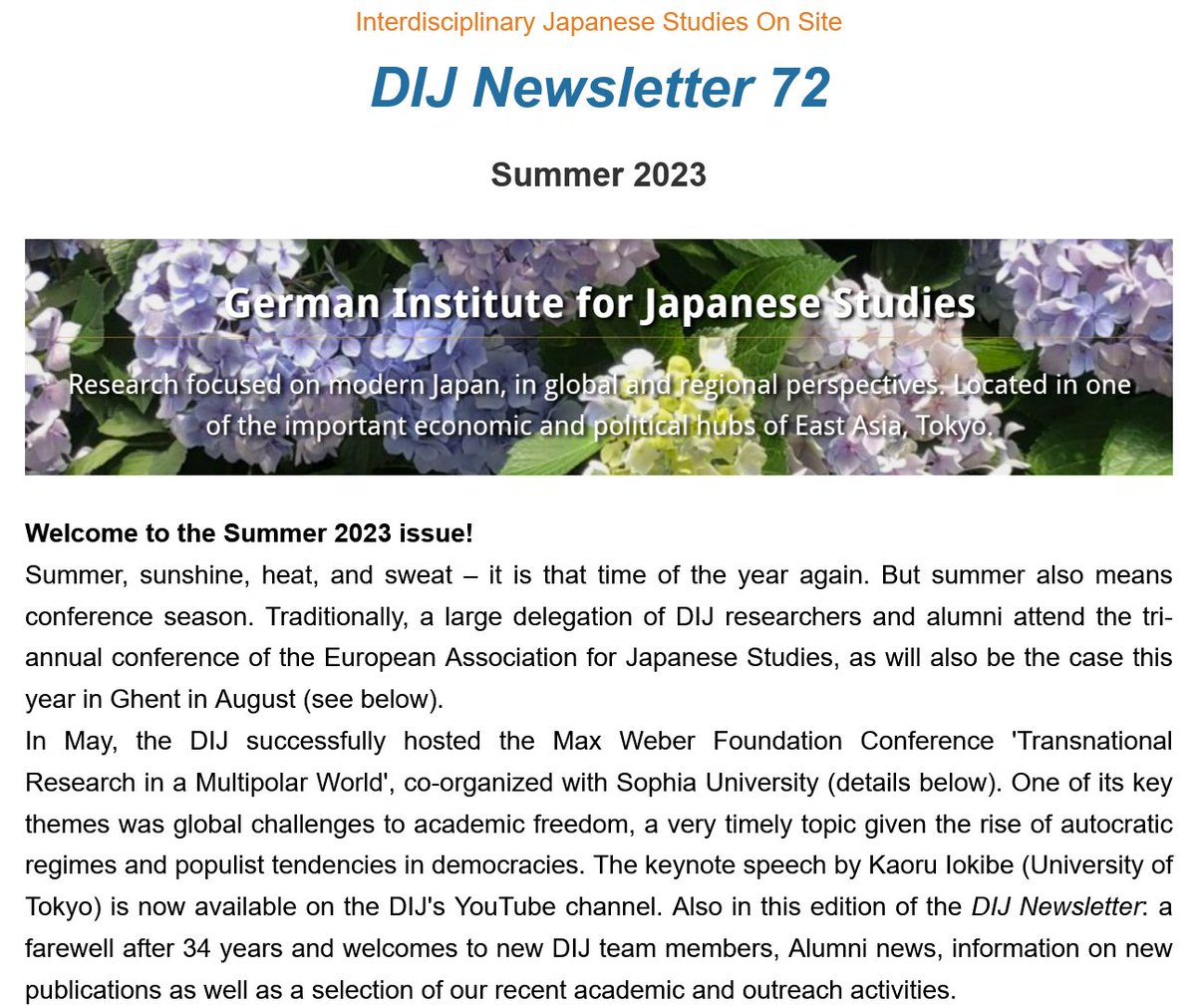 dij_tokyo's tweet photo. #DIJNewsletter 72 introduces new researchers @sarahperi @joskokozic @lingulangua, new publications @CJ_jrnl @HaraldKuemmerle @franzDIJTokyo; looks back at conferences @webertweets @DWIH_Tokyo; plus: library, media @barbGhawaii &amp; #DIJAlum news @YufeiZhou6  https://t.co/VLgYz6exho https://t.co/PacLid3Pdq