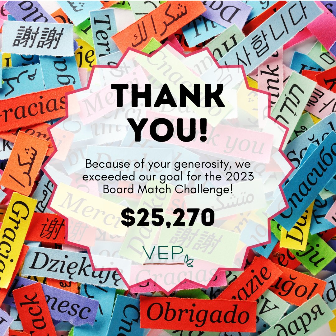 VolunteerEng's tweet photo. THANK YOU! Because of your generosity, Volunteer English Program exceeded our goal for the 2023 Board Match Challenge!  We raised $25,270!

#volunteerenglishprogram #tutorenglish #chestercounty #multilingual https://t.co/mCaGOJ3UtW