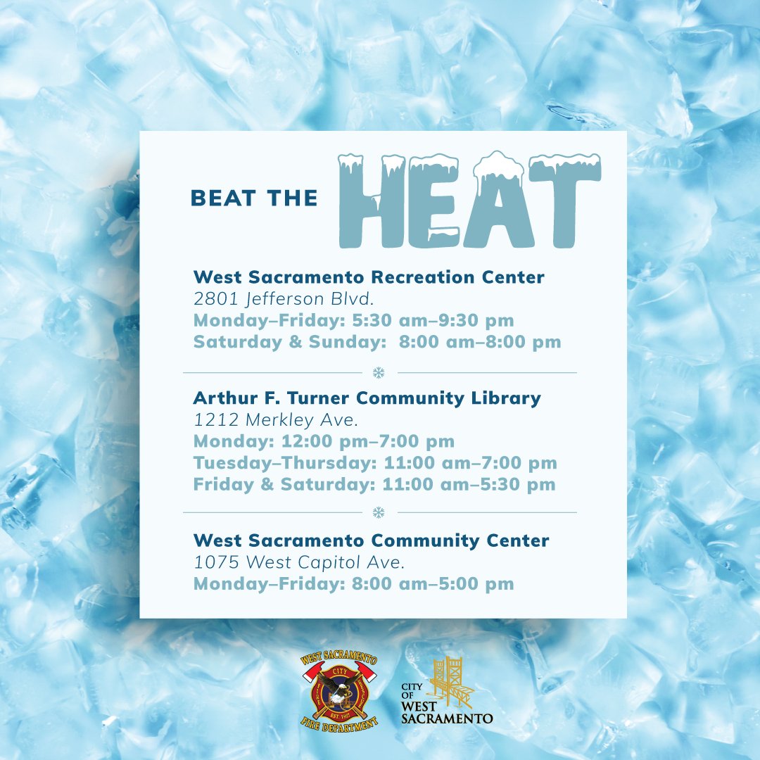 With hot temperatures expected over the next few days, the City is encouraging residents to get out of the heat and cool off at the following air conditioned facilities. Details below. Please RT. <a href="/WestSacFire/">WestSacFire</a>