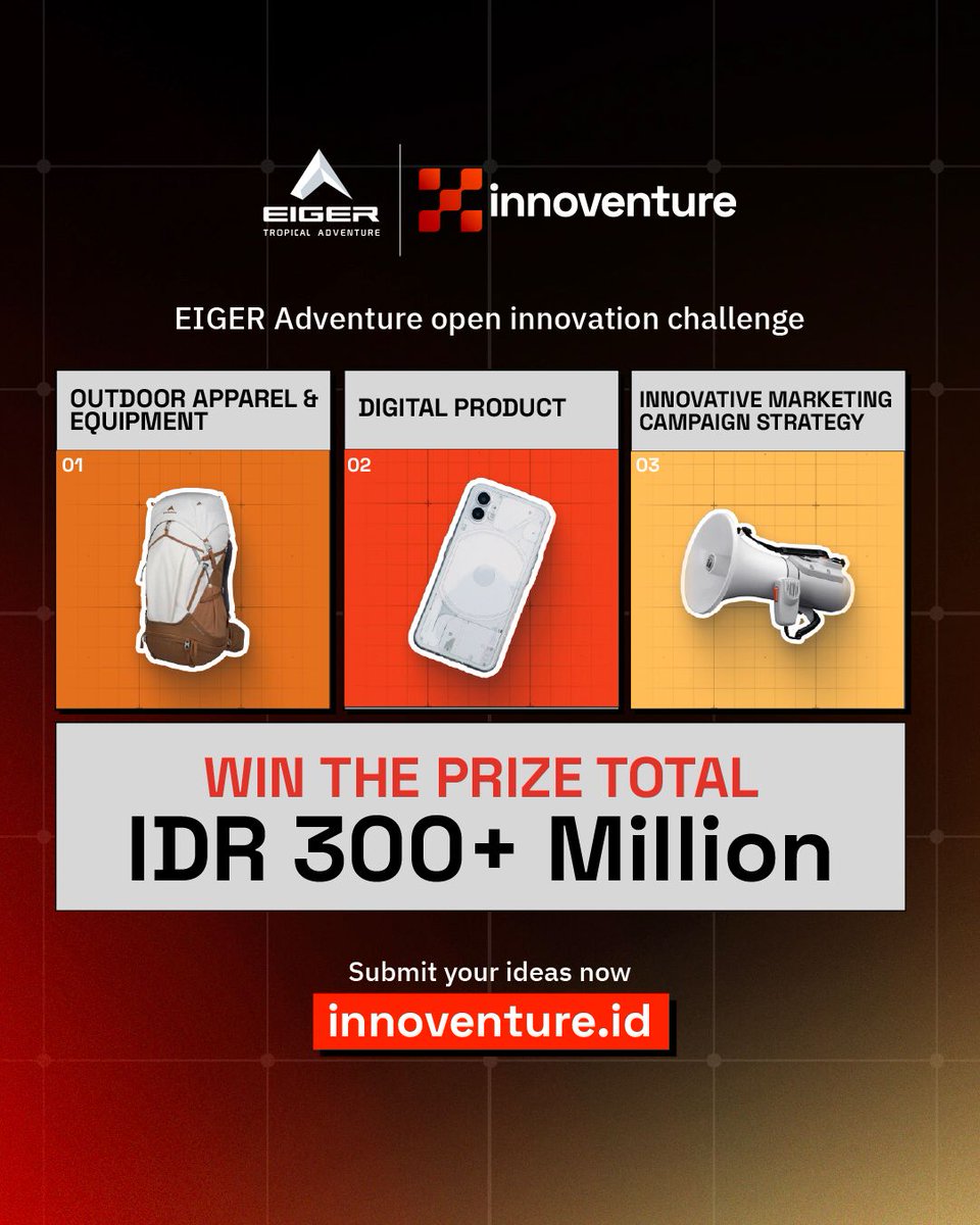 eigeradventure's tweet photo. INNOVENTURE menghadirkan 3 kategori yang bisa kamu kembangkan dengan ide terbaikmu.

Dapatkan hadiah total 300 Juta Rupiah!

Informasi mengenai mekanisme, syarat &amp; ketentuan, klik link berikut https://t.co/5yxm7E69xQ

#Innoventure #EIGERInnoventure https://t.co/2Oue5EhOZ1