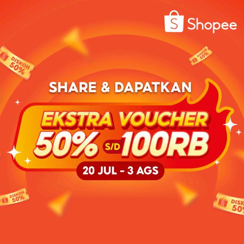 Mau dapat voucher 50% s/d 100RB? Share link ini dan dapatkan ekstra voucher 50% s/d 100RB untuk SEMUA PRODUK selama Promo Semua Diskon 50% di Shopee Live! Buruan share dan pakai vouchernya, hanya dari 20 Juli hingga 3 Agustus 2023! shp.ee/es2byjeizez