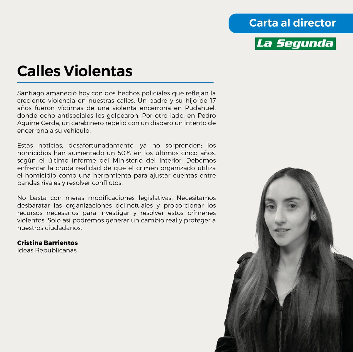 “Los homicidios han aumentado un 50% en los últimos años. No basta con meras modificaciones legislativas. Necesitamos desbaratar las organizaciones delictuales” #CartaAlDirector publicada en @La_Segunda de Cristina Barrientos, asesora de #IR

digital.lasegunda.com/mobile