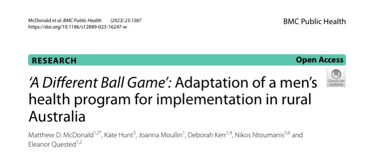 Study 2 from my PhD is now published @BioMedCentral. We conducted focus groups with local stakeholders who described rural areas as ‘a different ball game’ as we sought to adapt a sport-themed health program (AussieFIT) for rural men. doi.org/10.1186/s12889…