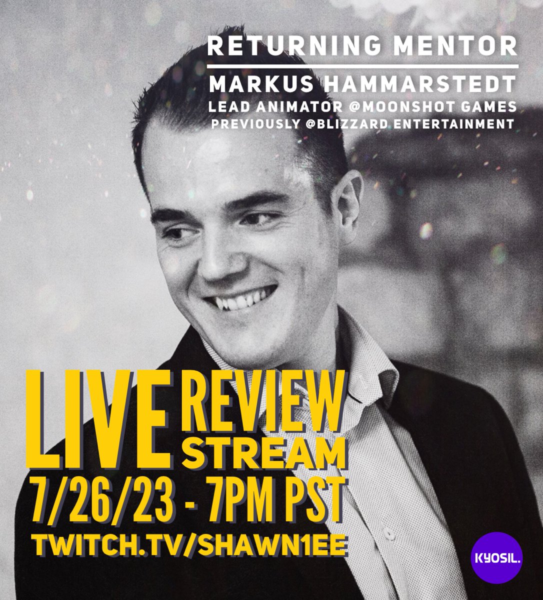 Come with your animation work and any questions for Markus over at twitch.tv/shawn1ee on 7.26.23 at 7PM PST. Don’t forget that enrollment for the next term is ending soon! KYOSIL.com/apply