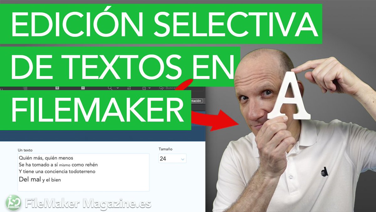 soyjavidura's tweet photo. Cambiar el tamaño del texto de un campo de #FileMaker es fácil. Aplicar un tamaño específico a un fragmento de ese texto ya es algo más complejo.
En el vídeo de esta semana de @FileMakerMag_ES te cuento cómo hacerlo.
(Vídeo gratuito)
https://t.co/hi79KgngZm
#muchoFileMaker https://t.co/jIWsSjlUll