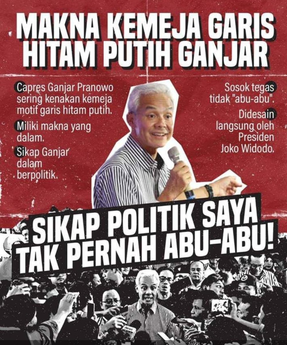 Sikap politik Ganjar tak pernah abu-abu.
#TerusMajuBersamaGanjar

Pada kelompok radikal tegas, ga seperti Prabowo dan Anies.
Pada IKN tegas, ga seperti Anies.
Pada Israel di Pildun tegas menolak, ga seperti Prabowo, Kader dan pendukungnya menolak keras dia diam seperti bekicot.