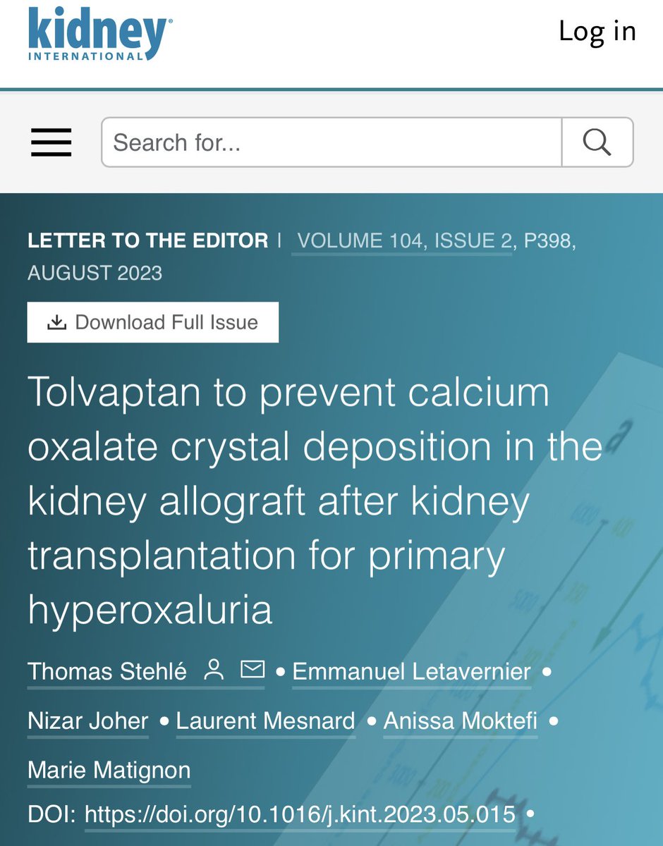 'Crystalluria remained negative under tolvaptan therapy, demonstrating calcium oxalate undersaturation despite a high long-term urinary oxalate excretion rate. A 12-month screening biopsy showed no rejection, and only 2 crystals.' In @Kidney_Int kidney-international.org/article/S0085-…