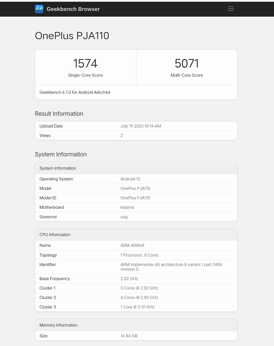 yabhishekhd's tweet image. OnePlus Ace 2 Pro PJA110 spotted on Geekbench, OnePlus Ace 2 Pro might launch globally and in India as OnePlus 11T.

🔳 Qualcomm Snapdragon 8 Gen 2
Adreno 740 GPU
🍭 Android 13
16GB RAM
#OnePlus #OnePlusAce2Pro #OnePlus11T
