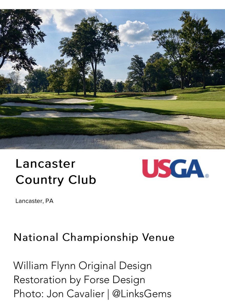 Tomorrow, Lancaster CC which will host the <a href="/USGA/">USGA</a>, 2024 <a href="/uswomensopen/">U.S. Women's Open</a>. 
Designed by William Flynn

Did you know: From 2006 through 2025, 11 USGA National Championships will have been played on courses where Forse Golf Design has performed significant restorations or renovations!!!