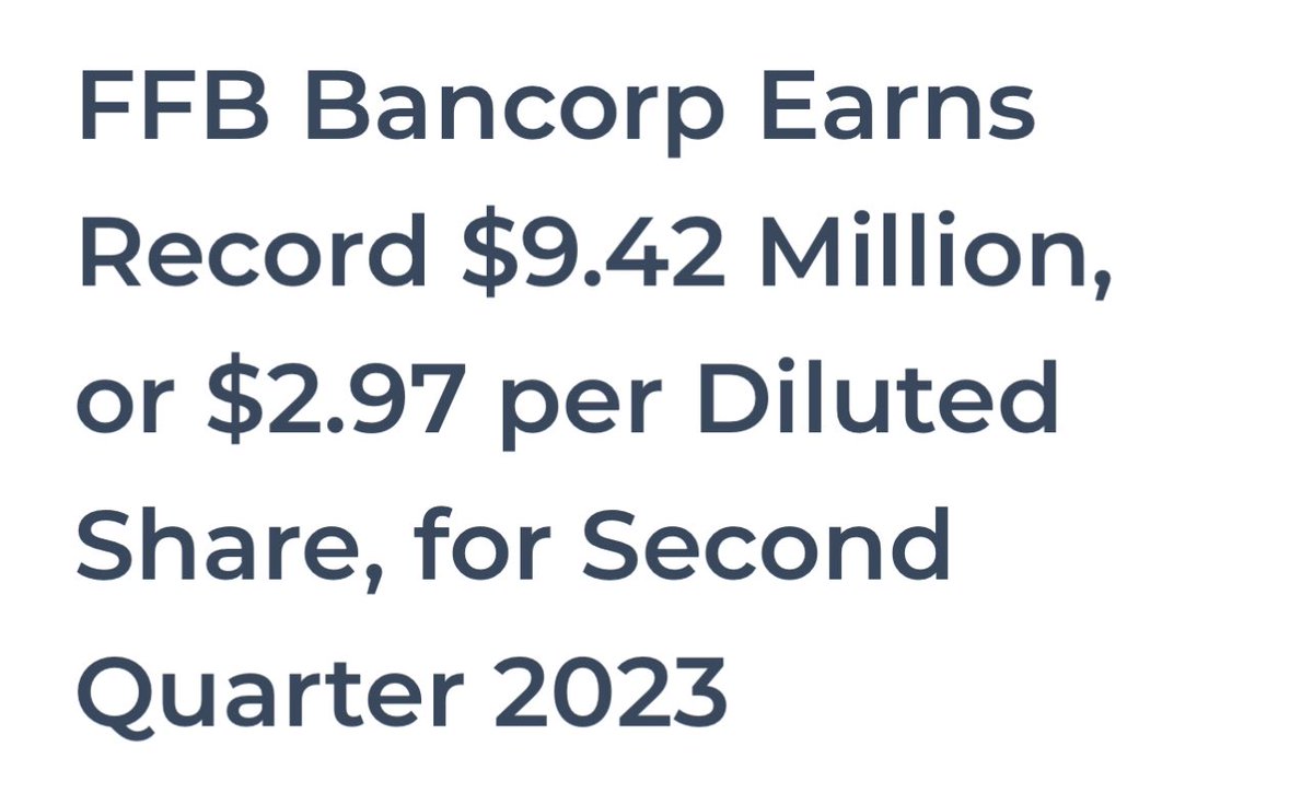 FFB Bancorp Earns Record $9.42 Million in 2Q.  Well done, team. 👏 
Thank you to the <a href="/ffbbank/">FFB.Bank</a> team, our customers, the board of directors, and investors. More information: ffb.bank/2023/07/19/ffb… #communitybanking