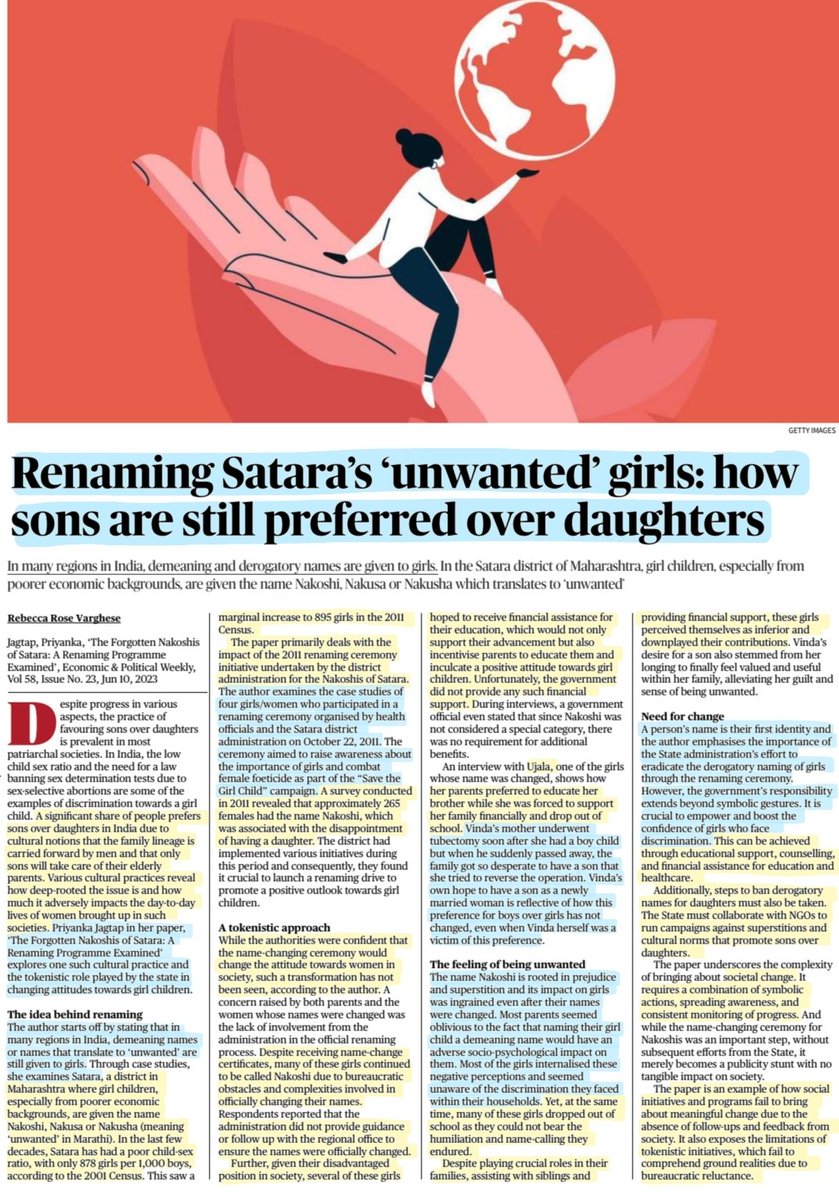 imRavikantYadav's tweet photo. 'नकोशी -The Unwanted-Girl Child'
'Renaming Satara's unwanted girls: How sons are still preferrd ovr daughters'
The Forgotten Nakoshis of Satara: A renaming program examind-by Sh Jagtap & Ms Priyanka
#gender #bias #SonPreference
#culture #Patriarchy #सतारा
#Sociology
#UPSC https://t.co/Xr4rPSL1rE