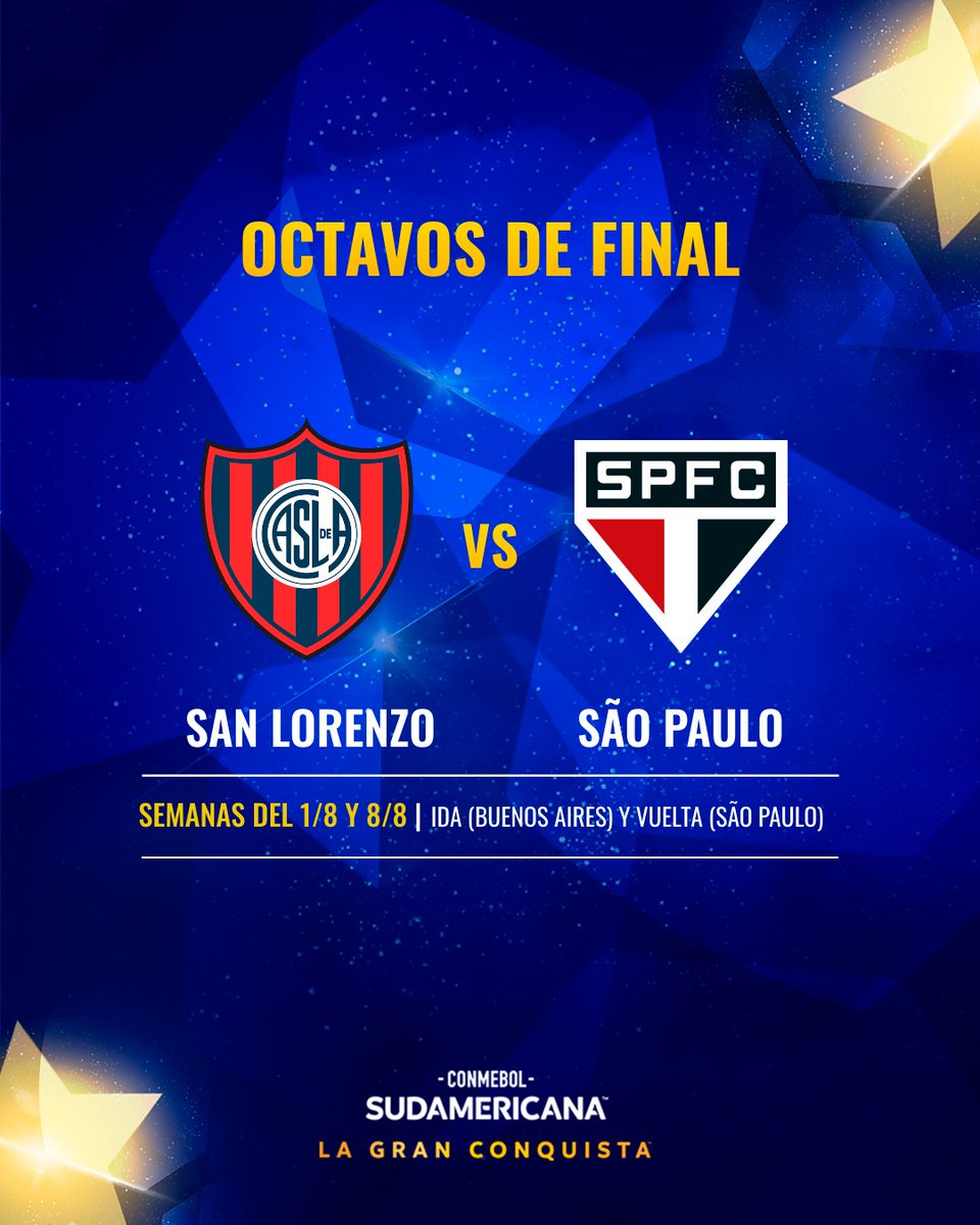 Sudamericana's tweet photo. 🇦🇷⚽️🇧🇷 ¡Cruce de campeones!

🔜 @SanLorenzo y @SaoPauloFC se enfrentarán en los Octavos de Final de la CONMEBOL #Sudamericana.

#LaGranConquista https://t.co/RPGNHbqthj