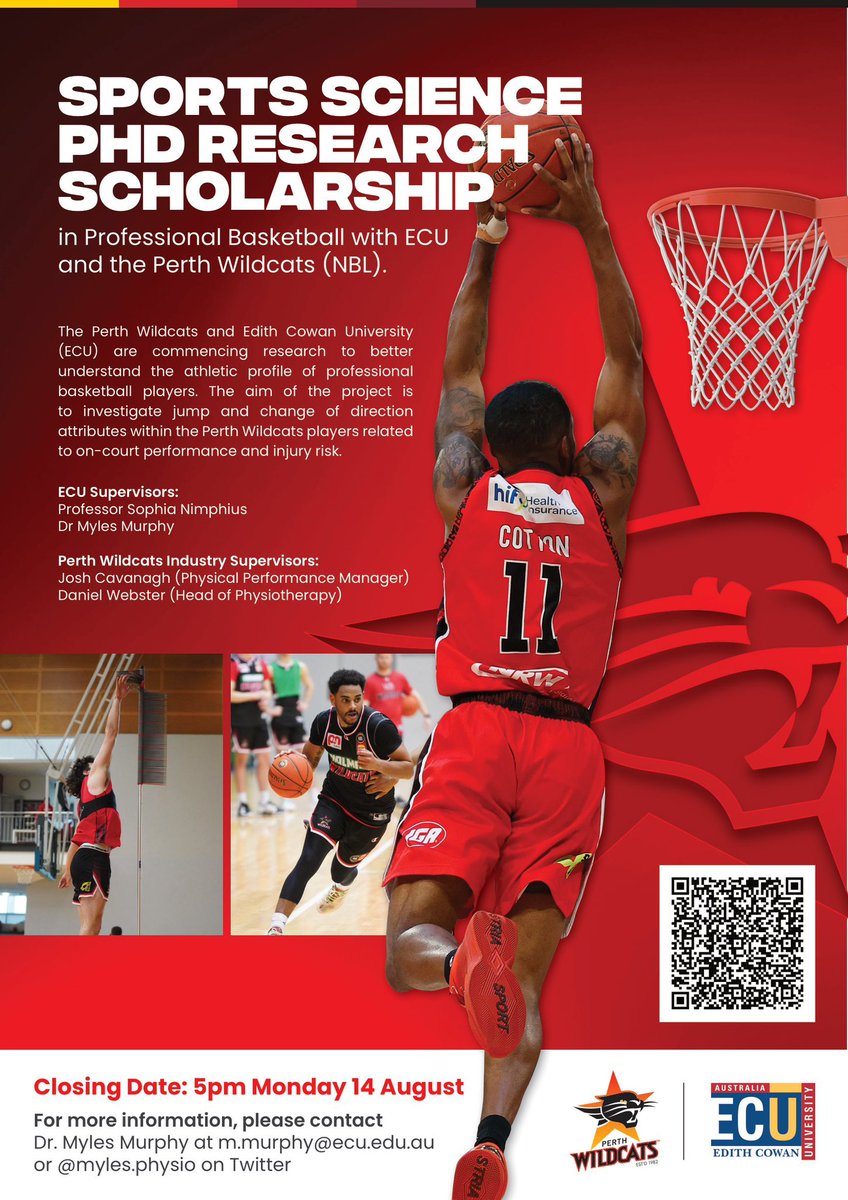 Do you love #basketball, #performance, and #injury? Really excited to announce a #PhD at the @PerthWildcats in partnership with @EdithCowanUni supervised by @DocSoph, myself and the Wildcats amazing high performance team! See advert below with a QR code for more details 👇🏻
