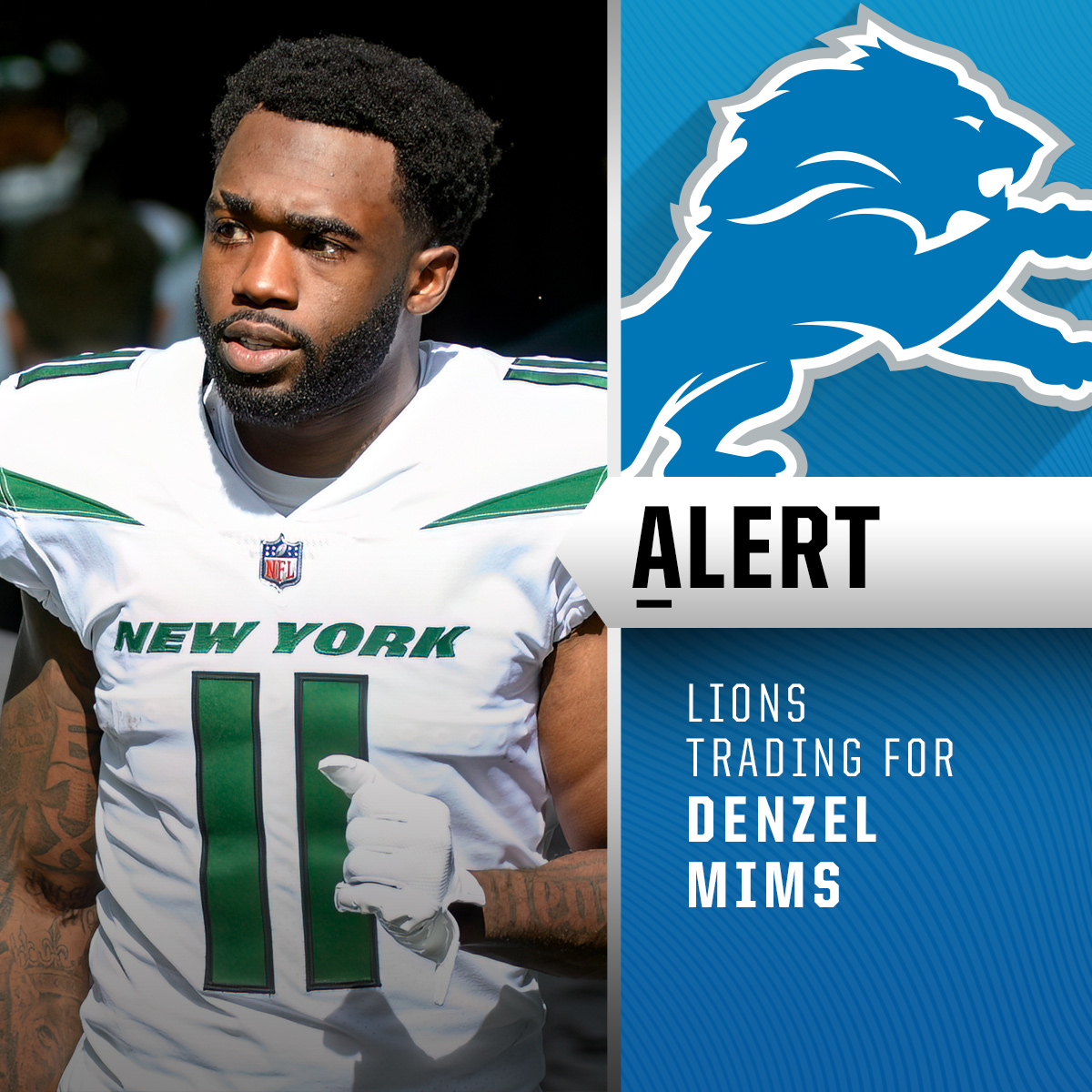 NFL's tweet photo. Lions trading for Jets WR Denzel Mims. (via @rapsheet, @MikeGarafolo) https://t.co/KoyY440noU