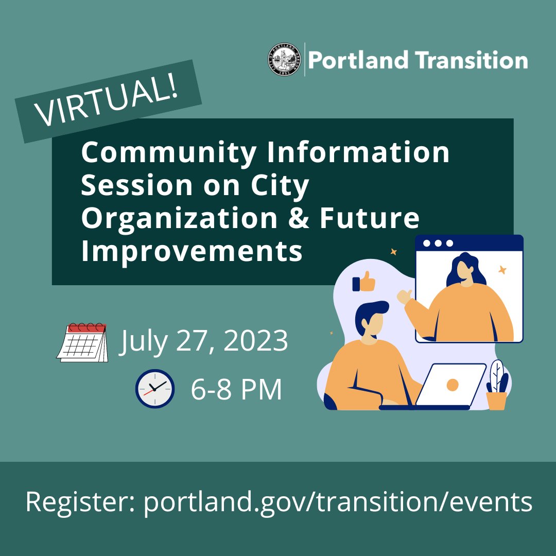 PortlandGov's tweet photo. Join the City of Portland on Thursday, July 27, for a special presentation on the city’s organization and future improvements!
Don’t miss out 📅 Thursday, July 27, at 6 p.m.
https://t.co/lgv137Wa12
#PortlandTransition https://t.co/Ya6A9oZNL4