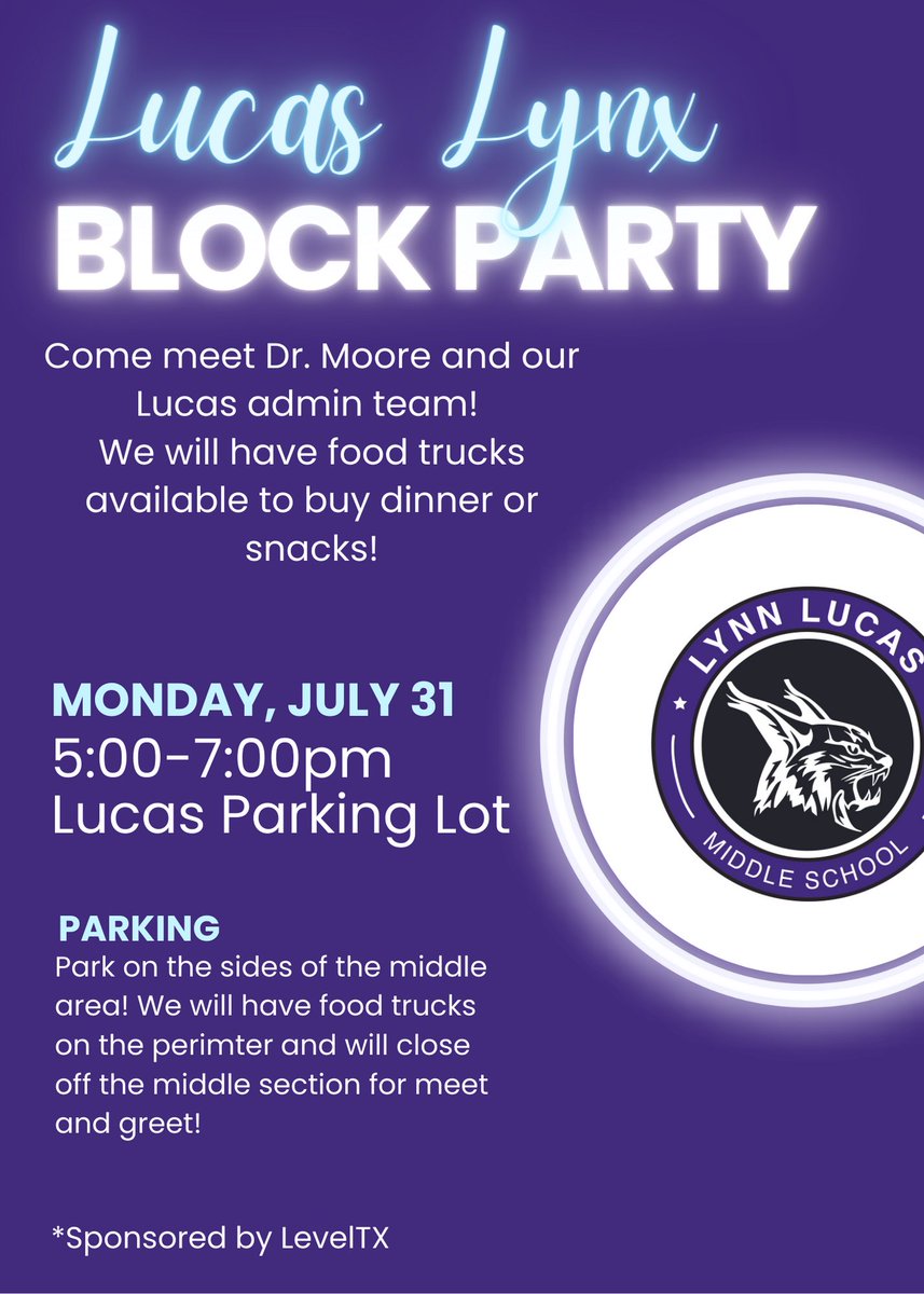 Lynn Lucas block party introducing our new admin team is Monday, July 31st! Come join us!