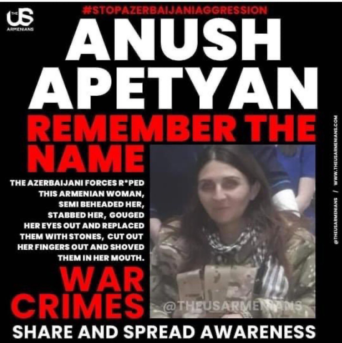 DavidNANIGIAN's tweet photo. Anush Apetyan - did you remember her name? 👇
#ArmenianLivesMatter
#StopAzeriAggression #StopAzerbaijaniAggression #StandWithArmenia #ArmeniaStrong #PeaceForArmenia #PeaceForArmenians #SaveArmenia #AzerbaijanIsATerroristState https://t.co/t2y9y11Zzz