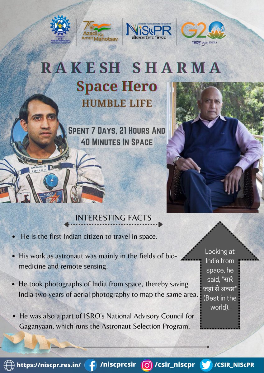 On 3rd April 1984, Sqn Ldr Rakesh Sharma (born 13 Jan. 1949) became the first Indian to orbit in space.

@isro #space #rakeshsha
@CSIR_IND @CSIR_NIScPR @NIScPR_SVASTIK @hjkhan @g20org @InfoGujcost @KapilShubhada @ParamBarman @IndiaDST @SonaliNagar5 @wanmeher