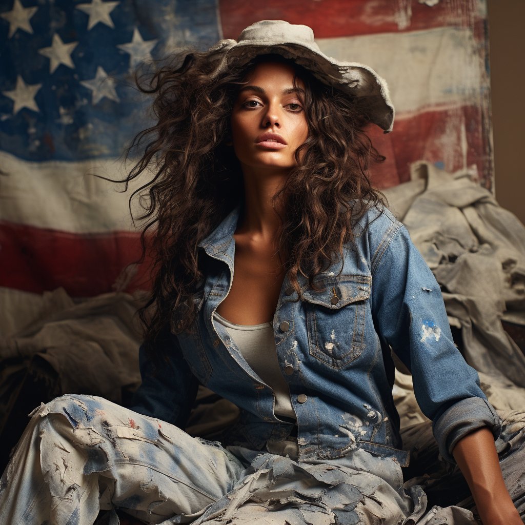 American dream, made with Midjourney.

#american
#americandream
#flag
#Denim
#jeans
#blue
#woman
#girl
#freedom
#youngeoman
#midjourney 
#shutterfaq
#featureillustraition
#style
#fashion
#studio