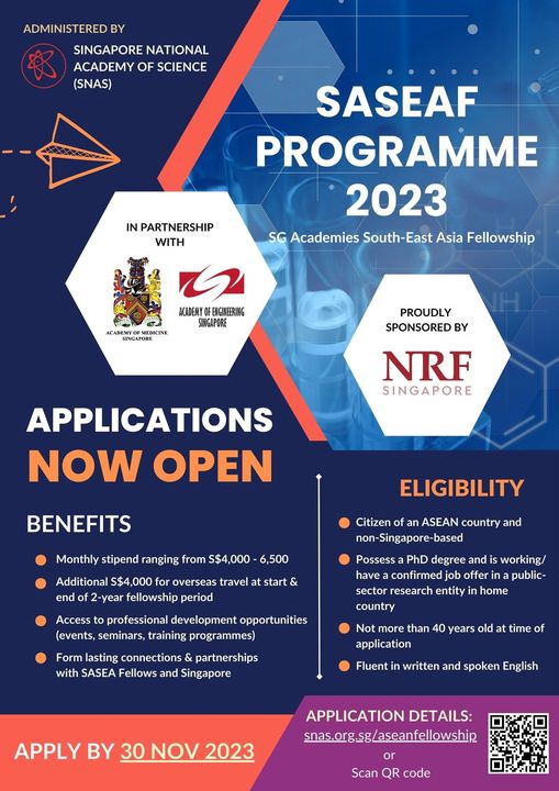 OIAThammasat's tweet photo. 🌟 Applications for 2023 Round is now Open!
📅DEADLINE FOR 2023 ROUND: 30 NOV 2023 (THU)
📑 The SG Academies South-East Asia Fellowship (SASEAF) Programme 
💰a monthly stipend ranging from S$ 4,000 to 6,500.
📄 More info https://t.co/NC64eACDkq https://t.co/fAbornZYwr