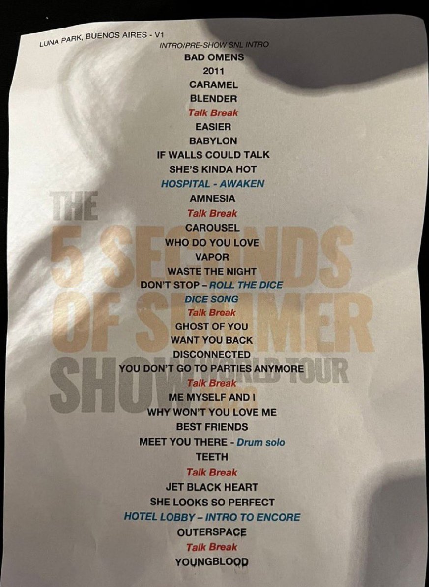 Tha5SOSFamily's tweet photo. Here's the paper version of #The5SOSShow's setlist. V1 https://t.co/UakI7LgXu4
