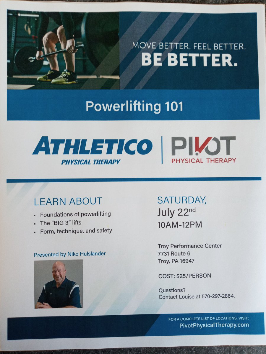 "Powerlifting 101 Seminar"
This Saturday, July 22nd!
10am - 12pm
We will cover the BIG 3, Programming, Form &amp; Technique, Nutrition, the Sport, Q&amp;A, + Demo! 
Pivot Performance
Troy, PA
$25
Sign up at the door day of event!!
#BendinBarsAndBreakinPRs