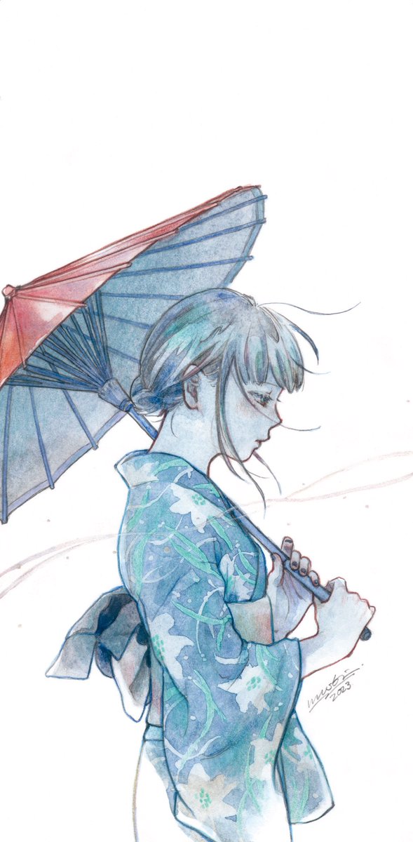 1girl solo umbrella japanese clothes kimono white background oil-paper umbrella  illustration images