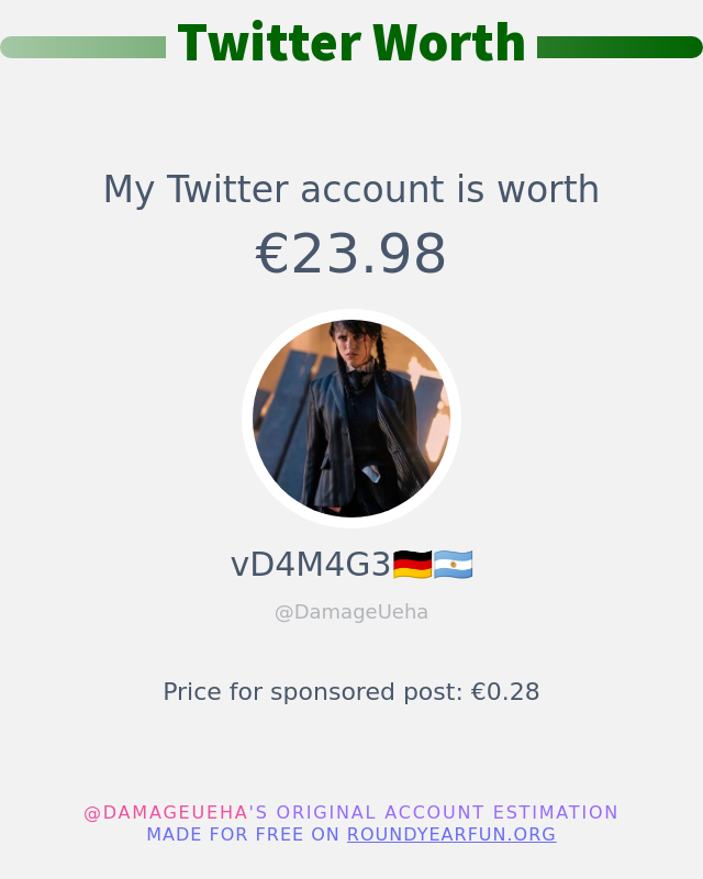 DamageUeha's tweet photo. Mein Twitter-Wert ist: €23.98

➡️ https://t.co/WKWrCB3SnQ https://t.co/PW4SJFmusA