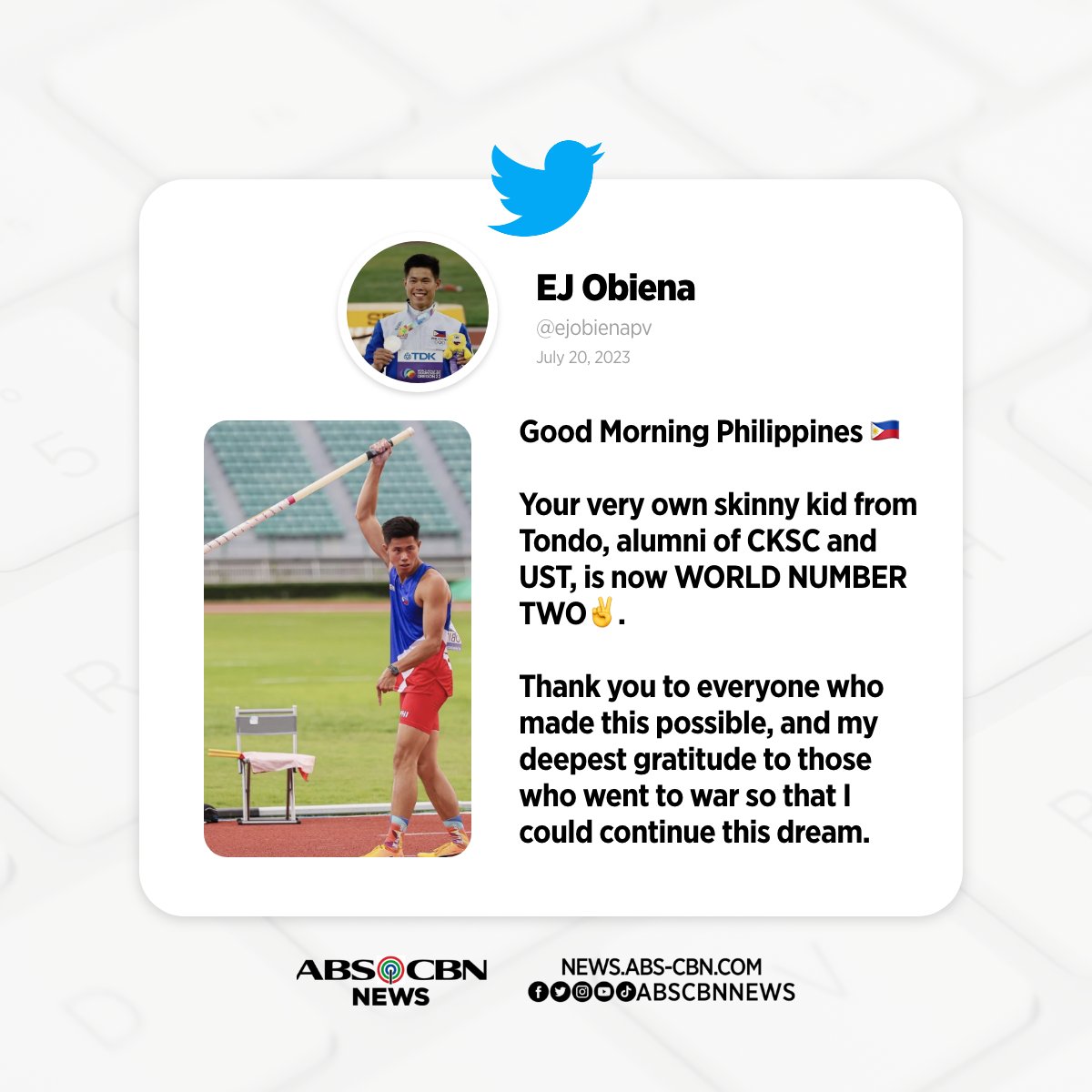The country's best pole vaulter is now the second best in the world. 💪 

This after EJ Obiena set a new regional record of 5.91 meters at the 2023 Asian Athletics Championships in Bangkok, Thailand, where he defended his men's pole vault title.

Read: abscbn.news/3NQoSIB