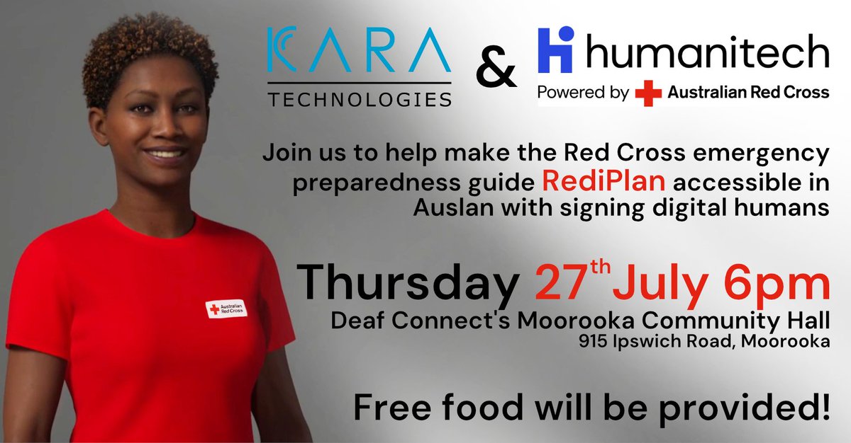 Kara Technologies (@kara__tech) on Twitter photo ๐ฃ Join our presentation for the Aussie Deaf community at Deaf Connect's Moorooka Community Hall on July 27th! Experience <a href="/humanitech_au/">Australian Red Cross Humanitech</a> RediPlan demo, give feedback, and enjoy refreshments! Email info@kara.tech for info/RSVP. Let's build a safer community! #RediPlanDemo๐๏ธ๐ค๐๐ฅ ๐ฃ Join our presentation for the Aussie Deaf community at Deaf Connect's Moorooka Community Hall on July 27th! Experience <a href="/humanitech_au/">Australian Red Cross Humanitech</a> RediPlan demo, give feedback, and enjoy refreshments! Email info@kara.tech for info/RSVP. Let's build a safer community! #RediPlanDemo๐๏ธ๐ค๐๐ฅ