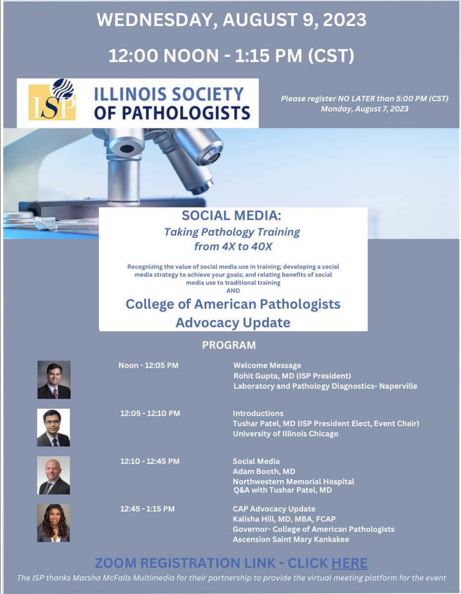 Attention: #Pathology residents, fellows, faculty & staff: @ILPathologists has an upcoming virtual event that you don’t want to miss. Learn about #SoMe from @ALBoothMD & @Pathologists Advocacy from @kalishahillmd! Register here: us02web.zoom.us/meeting/regist… 🔬