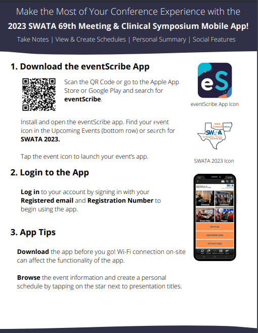 Check your mail! Sorry for the delay, new email sent out tonight. More details on the app.  
☑️ Download ES App
☑️Use your email &amp; meeting registration ID to sign in to the app
☑️ Pick up your badge at Arlington Convention Ctr starting at 8 AM Thursday
 See you soon! #SWATA23