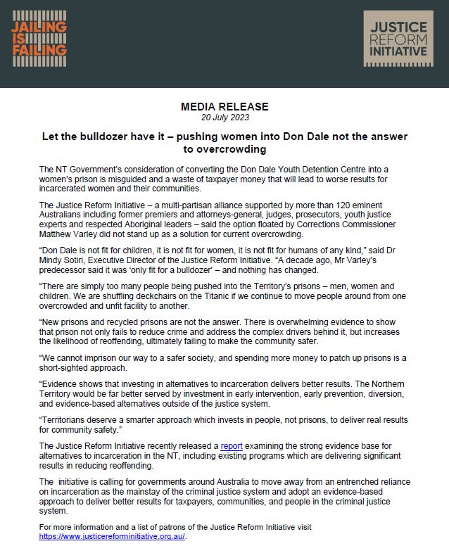New prisons and recycled prisons are not the answer. Investing in alternatives delivers better results, and the NT Government needs to consider this before looking to incarcerate women in Don Dale. More in our media release: loom.ly/iYwf2qk