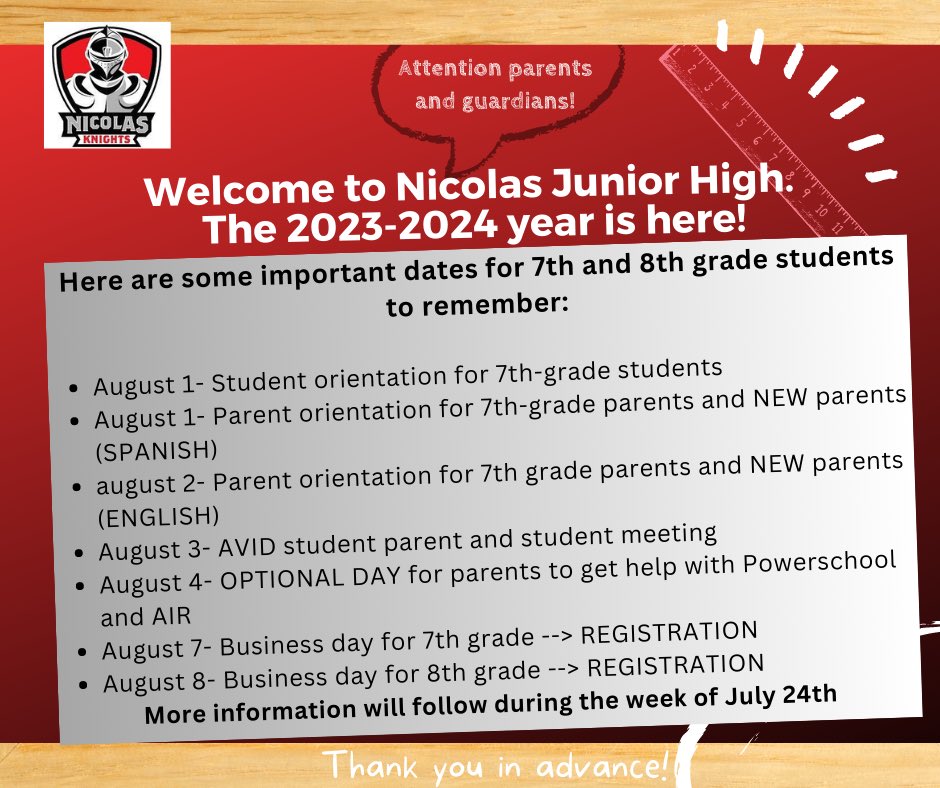 NicolasKnights's tweet photo. Welcome to the 2023-2024 school year! We can’t wait to meet all of you and have a successful year! https://t.co/qclu9qtnIs