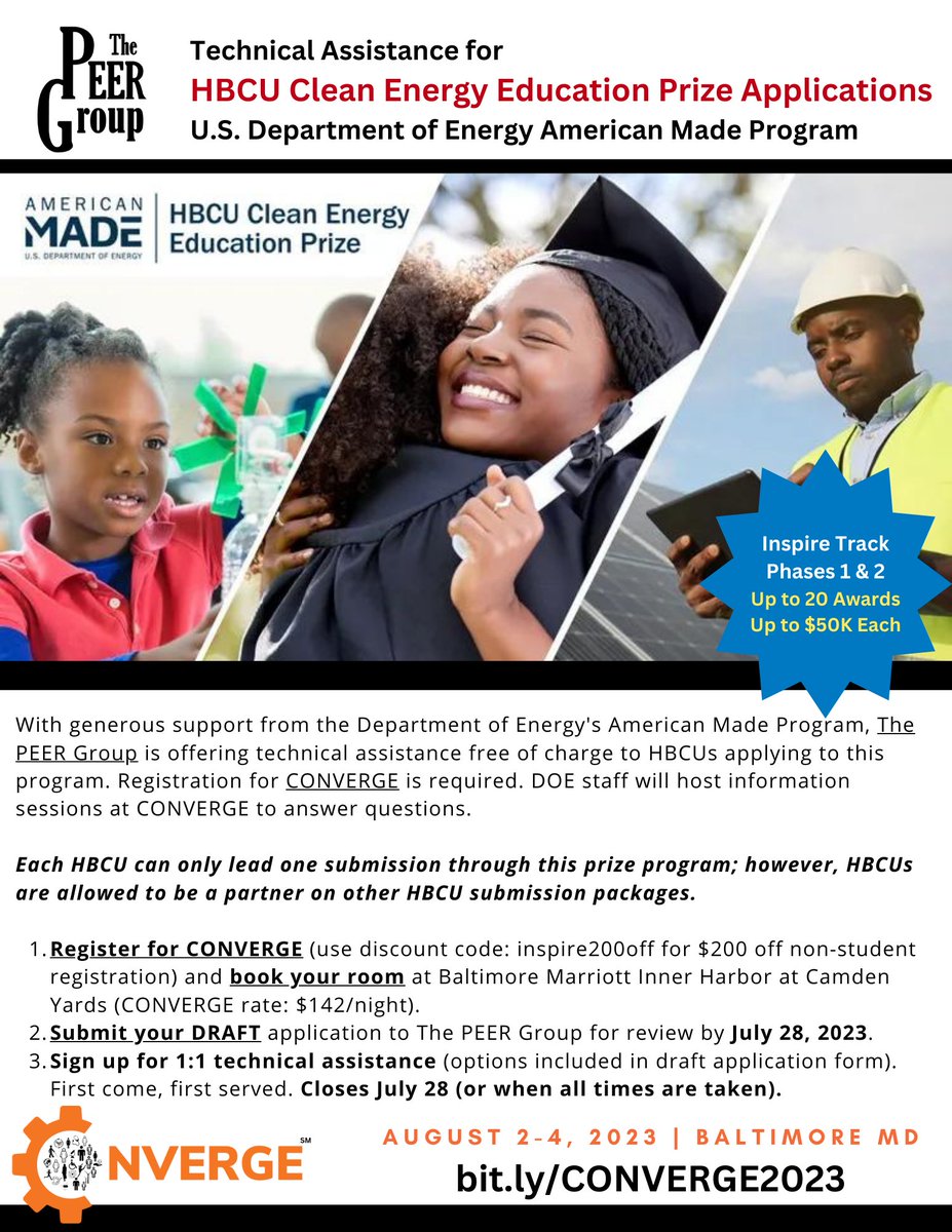 Dr. Yvette E. Pearson (@dryepearson) on Twitter photo ATTN #HBCUs and Partners! Super excited to announce The PEER Group's partnership with the <a href="/ENERGY/">U.S. Department of Energy</a>'s #AmericanMade program to offer technical assistance for applicants to the #HBCU Clean Energy Education Prize. Learn more at bit.ly/CONVERGE2023 ATTN #HBCUs and Partners! Super excited to announce The PEER Group's partnership with the <a href="/ENERGY/">U.S. Department of Energy</a>'s #AmericanMade program to offer technical assistance for applicants to the #HBCU Clean Energy Education Prize. Learn more at bit.ly/CONVERGE2023