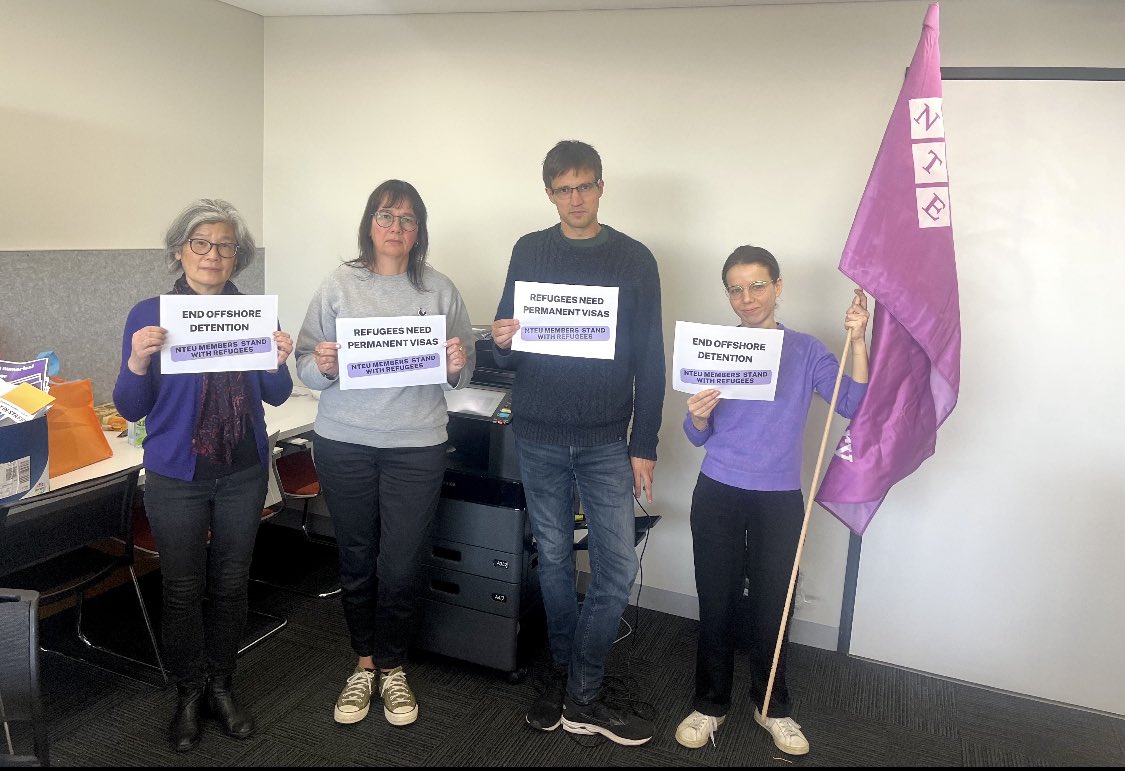Members of the UTS NTEU branch
committee throwing their support behind refugees who have been fighting up to 10 years for the right to settle permanently in Aus.

Join the rallies this weekend to call on the gov to end offshore detention and grant permanent visas now <a href="/rac_sydney/">RAC Sydney</a>