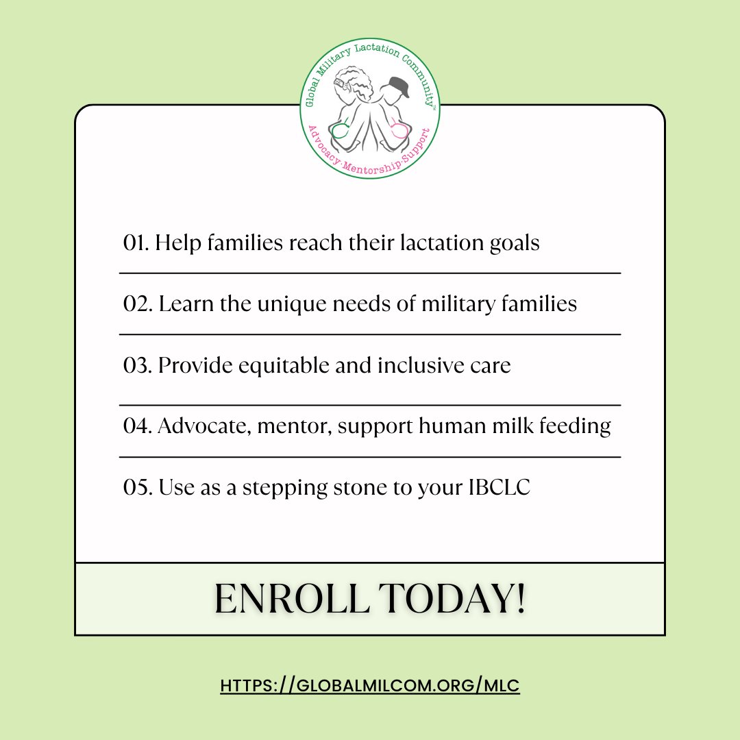 What is stopping you? No experience, background, or prerequisites are required to enroll and become a Certified Military Lactation Counselor!
Visit our website to learn more!📷
globalmilcom.org/mlc
#lactationeducation #militarylactationcounselor #lactation #MLC #mlctraining