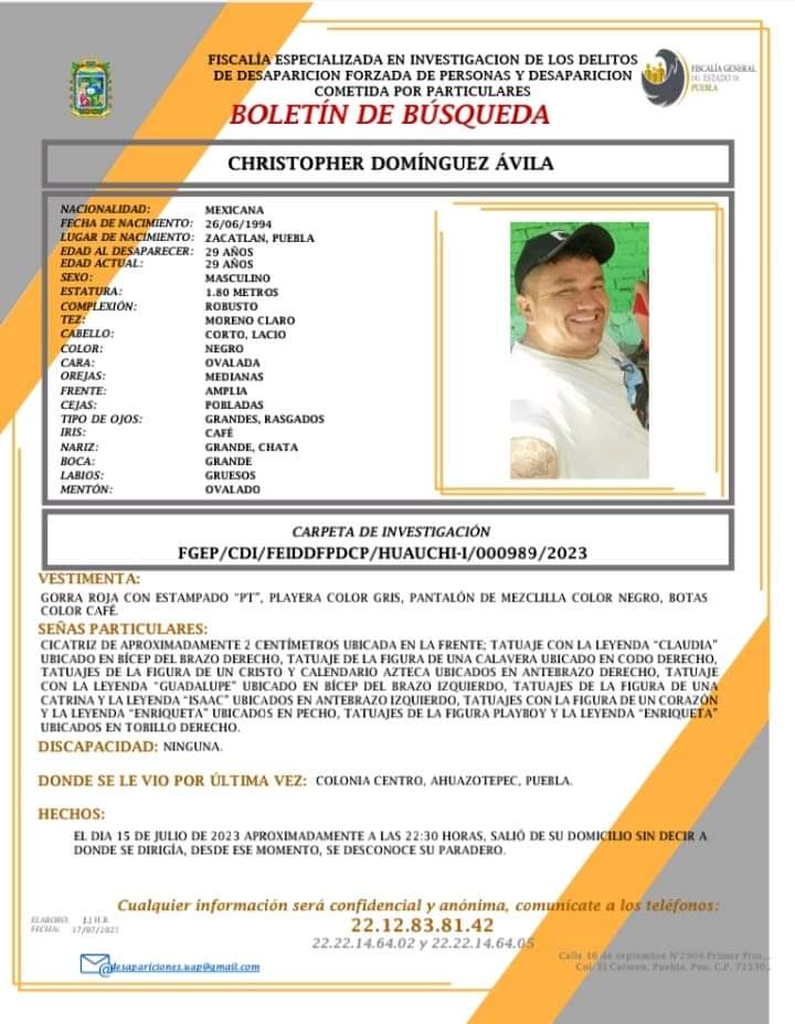 #ServicioSocial 🟥 || Pedimos su apoyo para localizar a Christopher Domínguez Ávila de 29 años de edad, visto por última vez en el municipio de Ahuazotepec, #Puebla. Comunicarse al 2212838142. #LaRedCincoRadio