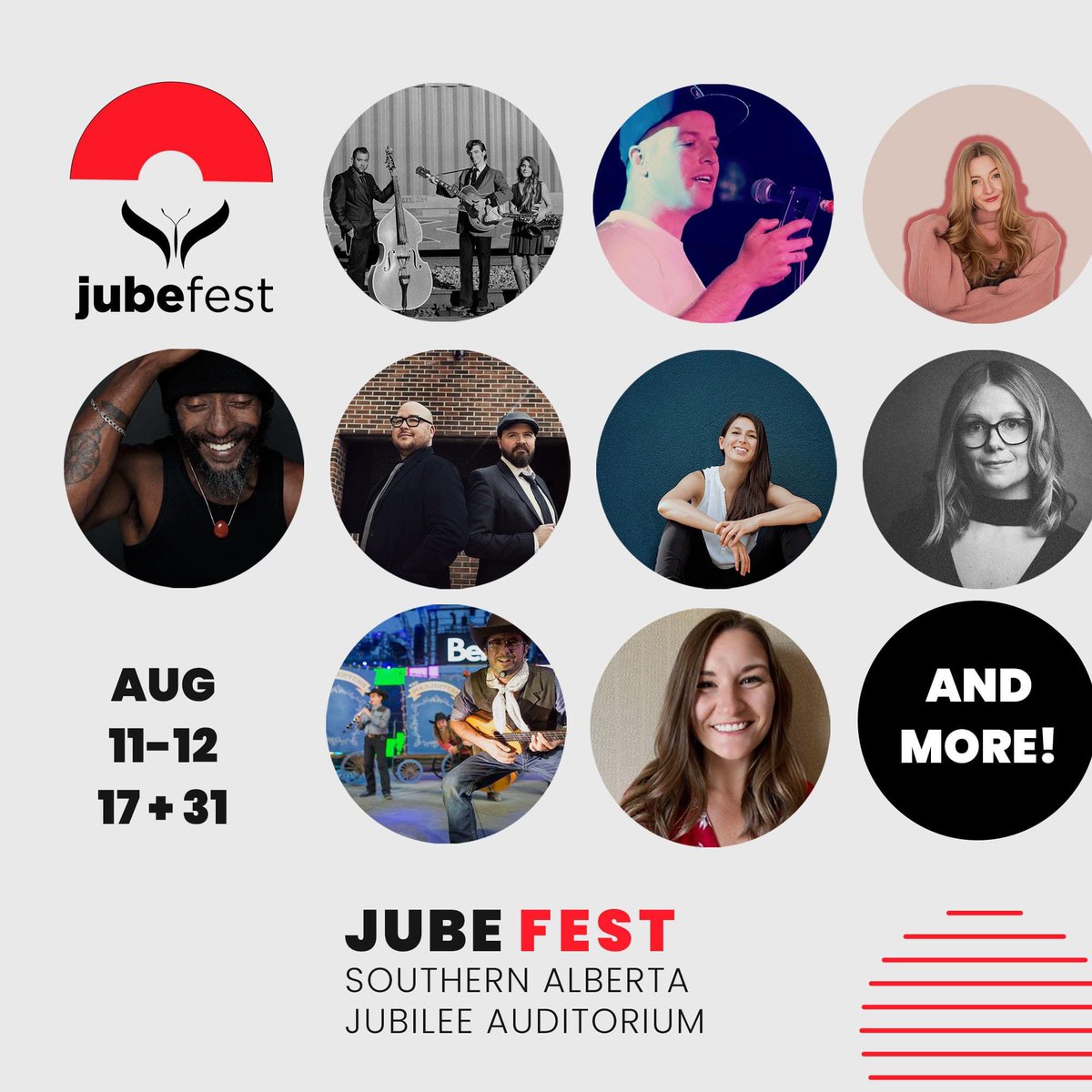 Jubefest!
An amazing line-up of Alberta’s best musicians and poets at the Jubilees. $20 a ticket! Details & tickets at jubileeauditorium.com 
@thepolyjesters @dino_martinis @caitygyorgy @ArloMaverick @OperaNUOVA @mouraine_ @jorykinjo @aaronyoung04 @6MinuteWarning @apocalypsekow