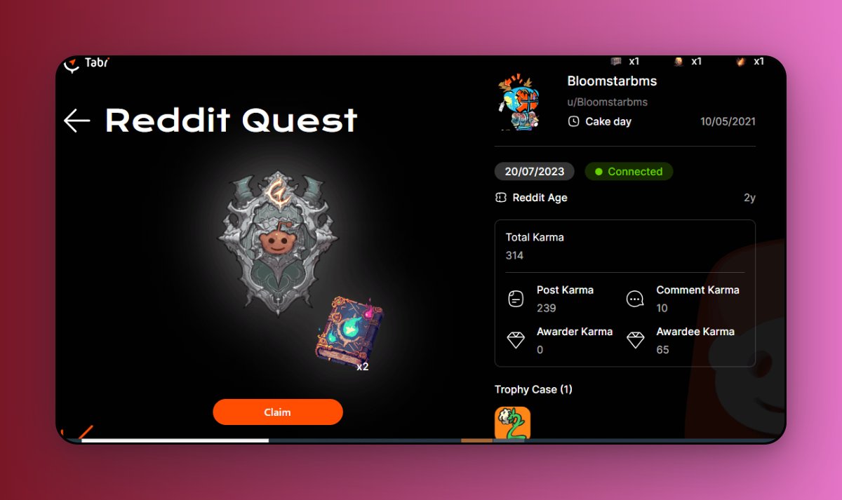 Next is to do the Reddit task, which is just by connecting your old Reddit account to your Tabi dashboard and you are good to go.

I connected my old Reddit, I have over 341 karma and I claimed the nft