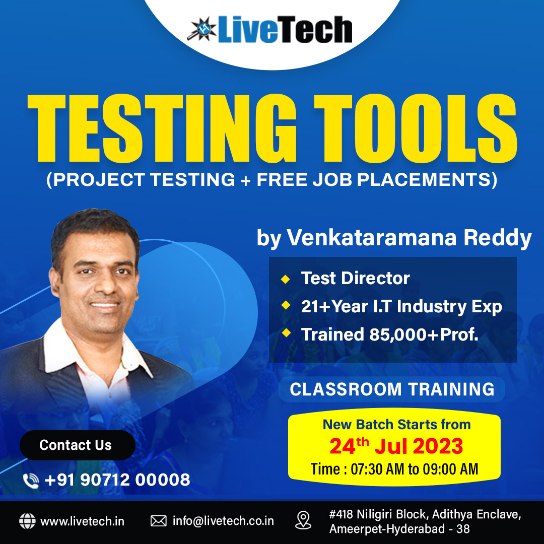 LiveTechTesting's tweet image. Welcome to the new batch for testing tools! In this course, you will learn about various testing tools used in Software Testing and quality assurance.
New Batch: 24-July-2023, Monday
Timings: 07:30 AM to 09:00 AM
Please visit our website :livetech.in