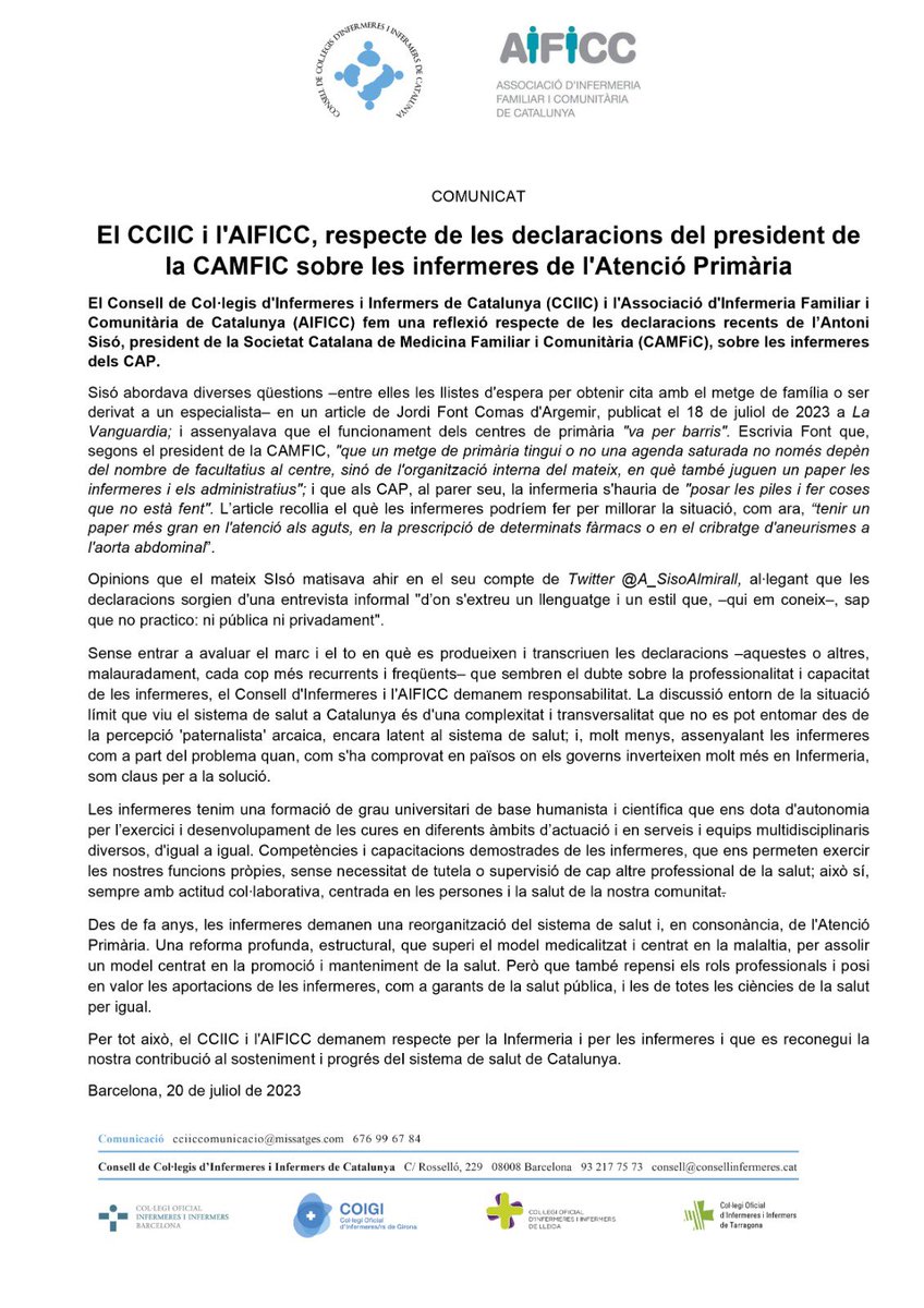 InfLleidaCOILL's tweet image. El COILL compartim el comunicat conjunt #CCIIC @AIFICC sobre les declaracions del president de CAMFIC demanant que les infermeres dels CAP es posin “les piles”.
#Respecte per la Infermeria i les infermeres i reconeixement a la nostra contribució al sistema de salut de Catalunya❗️