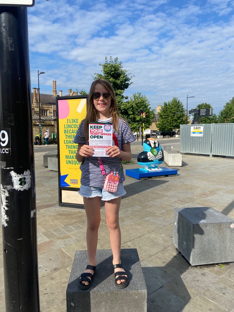 Isla this morning outside Lincoln station helping to leaflet about the closure of ticket offices at train stations @RMTunion #SaveTicketOffices #StaffOurStations #RMT