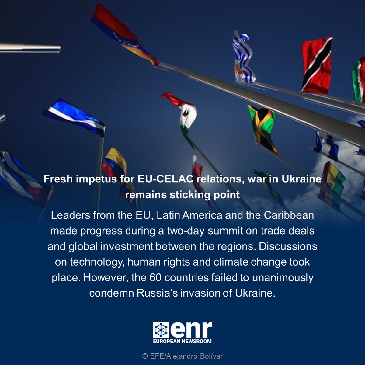 enr_newsroom's tweet image. The third gathering with leaders from the EU, Latin America and the Caribbean comes as the EU turns away from Russia and China as go-to trading partners and seeks to diversify its suppliers.

Read #enr_eu's Key Story on #EUCELAC relations:

europeannewsroom.com/fresh-impetus-…