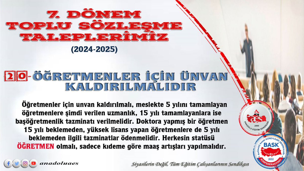 anadoluaes's tweet photo. 20.Öğretmenler için unvan kaldırılmalı, meslekte 5 yılını tamamlayan öğretmenlere şimdi verilen #uzmanlık, 15 yılı tamamlayanlara ise #başöğretmenlik tazminatı verilmelidir. Doktora yapmış bir öğretmen 15 yılı beklemeden, yüksek lisans yapan öğretmenlere de 5 yılı beklemeden ilgili tazminatlar ödenmelidir. Herkesin statüsü #ÖĞRETMEN olmalı, sadece kıdeme göre maaş artışları yapılmalıdır.

#TopluSözleşme